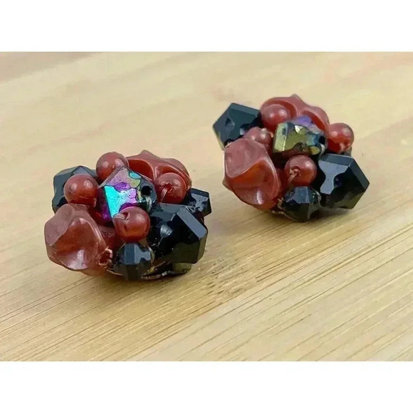 VTG Brown Black  Beaded Cluster Clip On Earrings Brass Germany 1960s - Picture 9 of 12